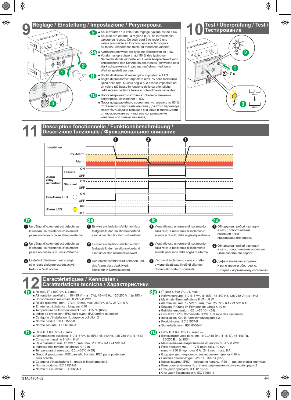 Réglage / einstellung / impostazione / регулировка, Test / überprüfung / test / тестирование, Ru it de fr | Schneider Electric Vigilohm IM9 User Manual | Page 8 / 10