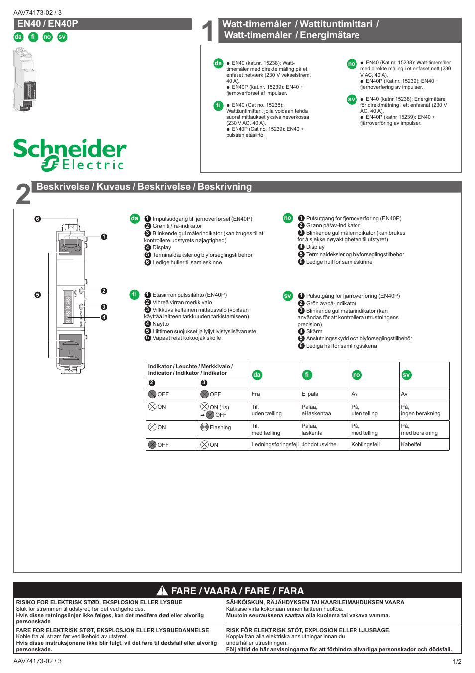 Fare / vaara / fare / fara, Beskrivelse / kuvaus / beskrivelse / beskrivning | Schneider Electric EN40P User Manual | Page 5 / 10