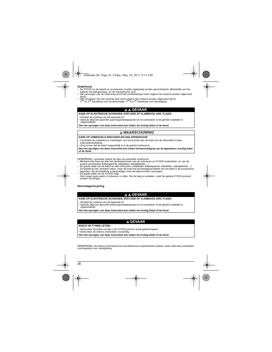 Gevaar waarschuwing gevaar gevaar | Schneider Electric XY2 CE User Manual | Page 28 / 73