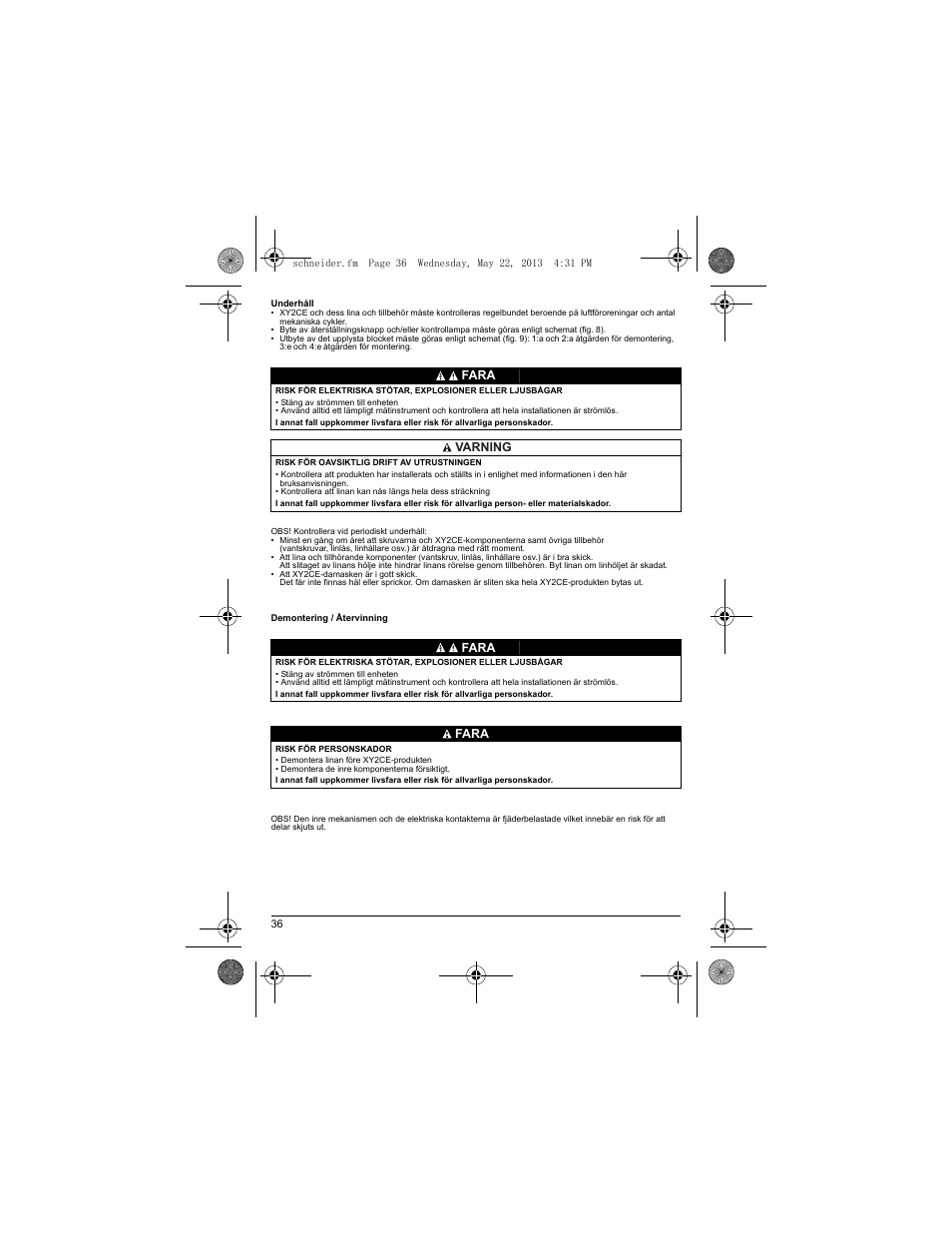 Fara varning fara fara | Schneider Electric XY2 CE User Manual | Page 38 / 73