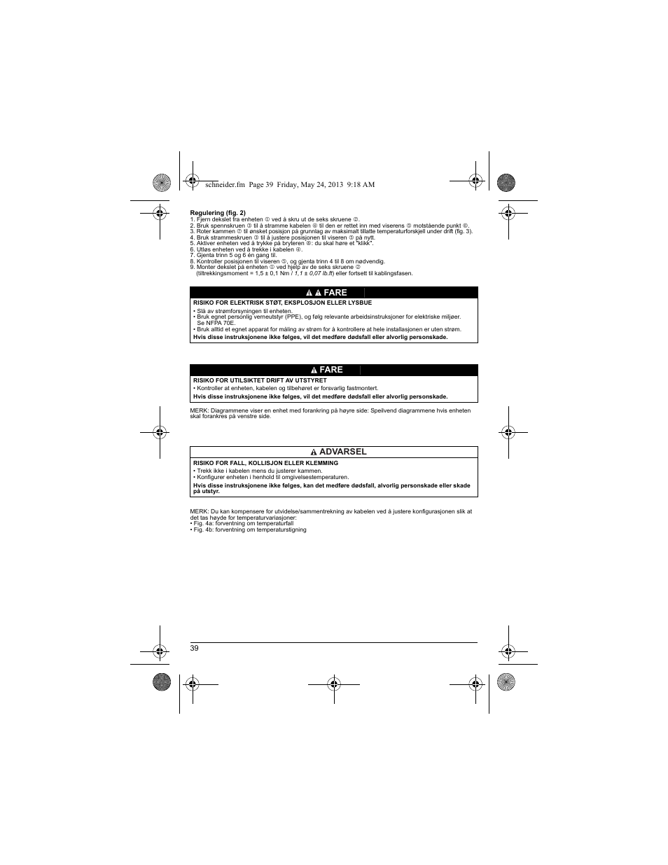 Fare, Fare advarsel | Schneider Electric XY2 CE User Manual | Page 41 / 73