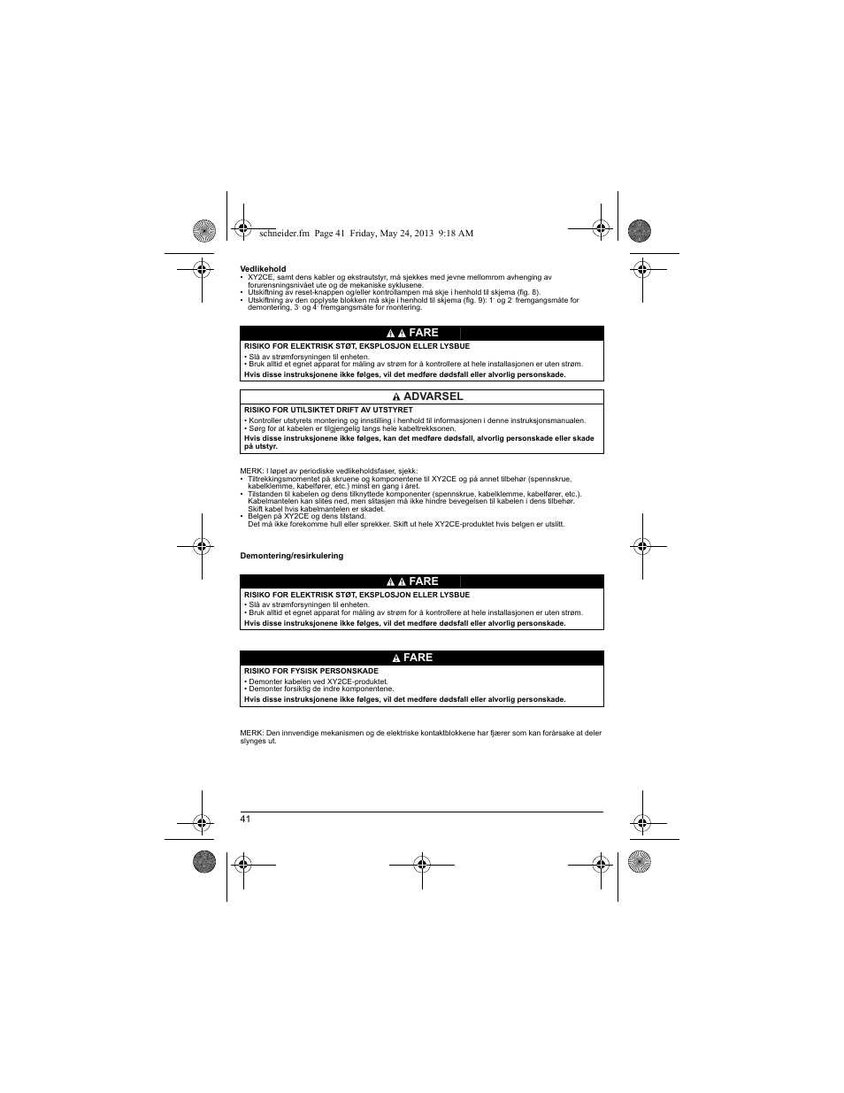 Fare advarsel fare fare | Schneider Electric XY2 CE User Manual | Page 43 / 73