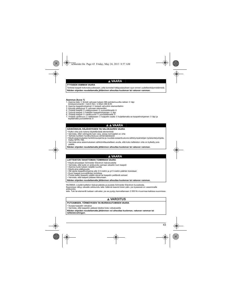 Vaara, Vaara varoitus | Schneider Electric XY2 CE User Manual | Page 45 / 73