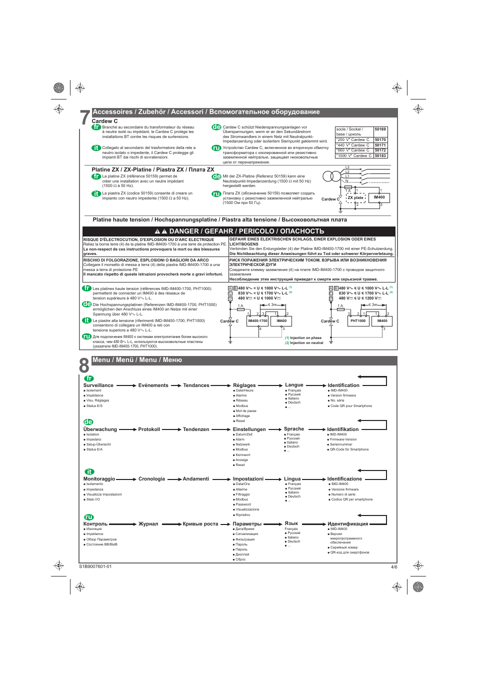 Menu / menü / menu / меню fr, Ru de it fr, Danger / gefahr / pericolo / опасность | Schneider Electric Vigilohm IM400 User Manual | Page 10 / 14