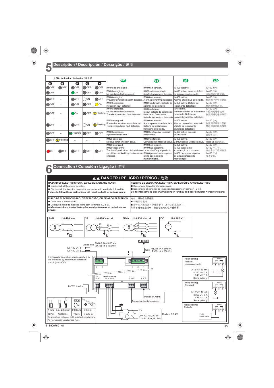 Description / descripción / descrição / 说明, Connection / conexión / ligação / 连接, Danger / peligro / perigo / 危险 en es zh pt | Schneider Electric Vigilohm IM400 User Manual | Page 3 / 14