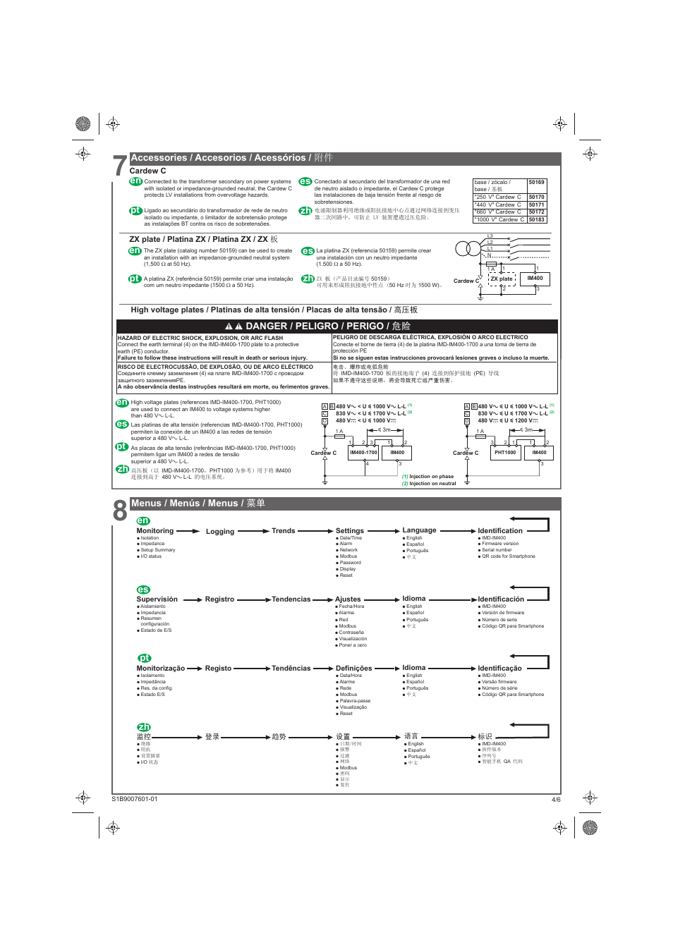 Menus / menús / menus / 菜单, Danger / peligro / perigo / 危险 zh es pt en, Zh es pt en zh pt es en | Schneider Electric Vigilohm IM400 User Manual | Page 4 / 14
