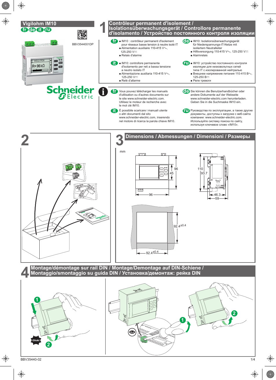 Dimensions / abmessungen / dimensioni / размеры, Fr en vigilohm im10 pt es, Ru it de ru it de ru fr it de fr | Schneider Electric Vigilohm IM10 User Manual | Page 5 / 10