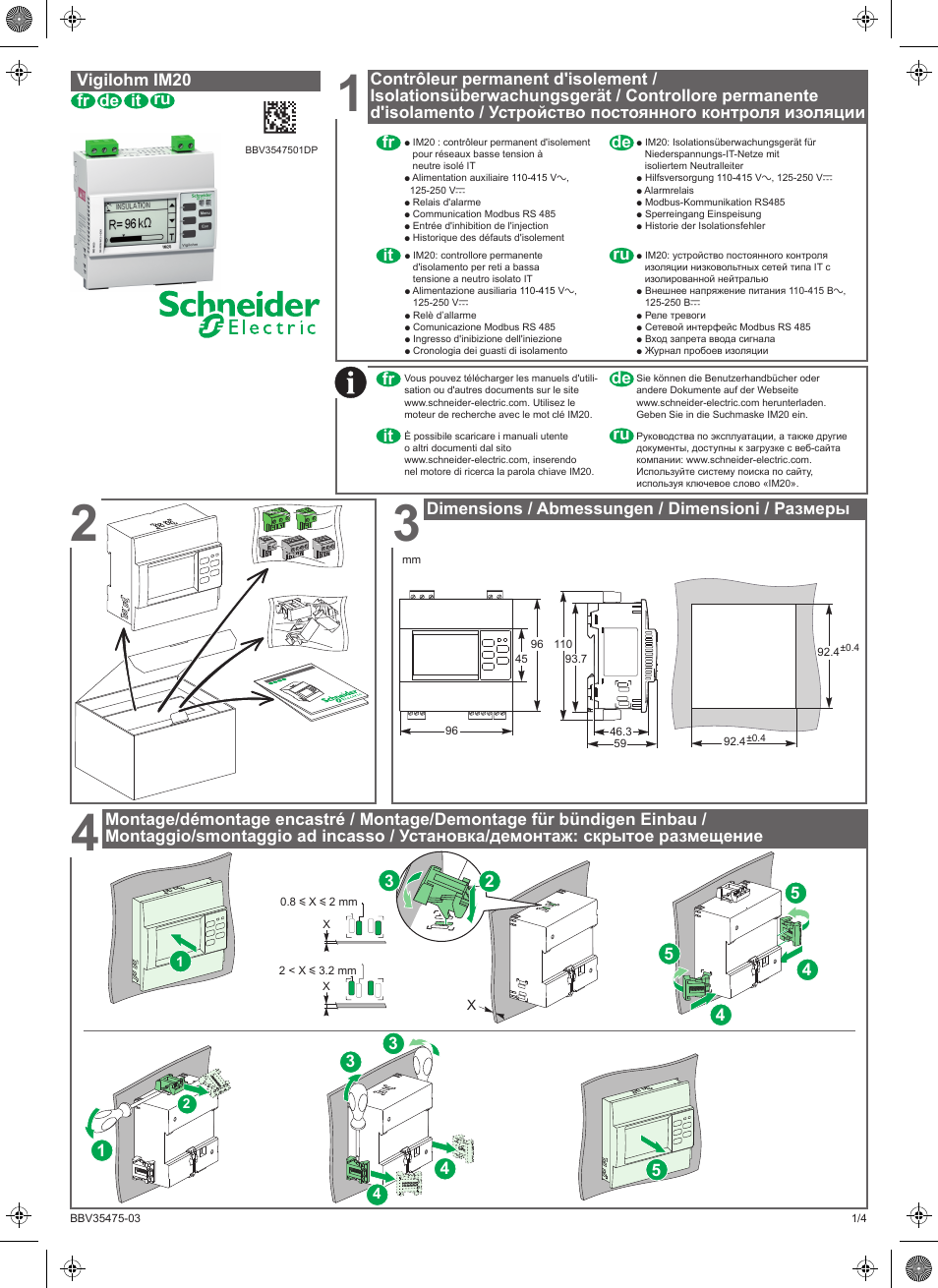 Vigilohm im20, Fr ru it de, Ru it de fr | Dimensions / abmessungen / dimensioni / размеры | Schneider Electric Vigilohm IM20 User Manual | Page 5 / 10