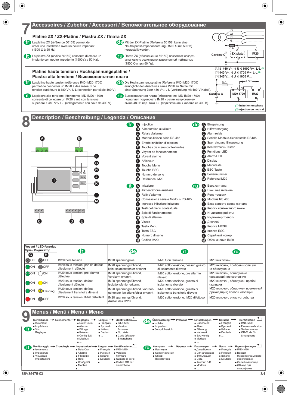 Description / beschreibung / legenda / описание, It fr, De ru | Ru it de fr, Ru de it fr, Menus / menü / menu / меню ru it de fr, Platine zx / zx-platine / piastra zx / плата zx | Schneider Electric Vigilohm IM20 User Manual | Page 7 / 10