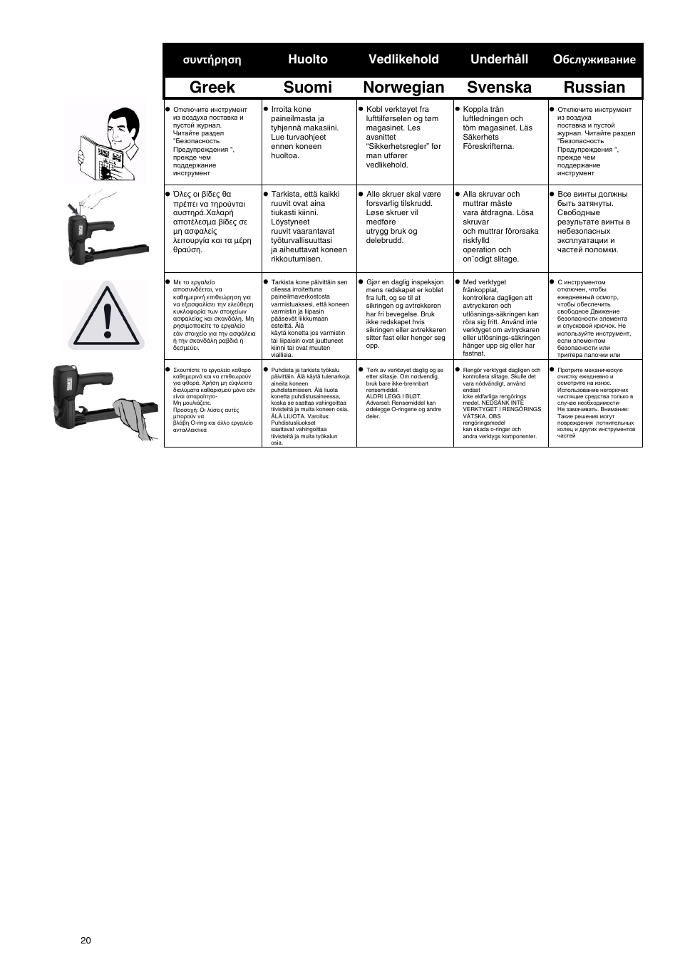 Greek suomi norwegian svenska russian | Senco CARTON CLOSERS STAPLERS User Manual | Page 20 / 32