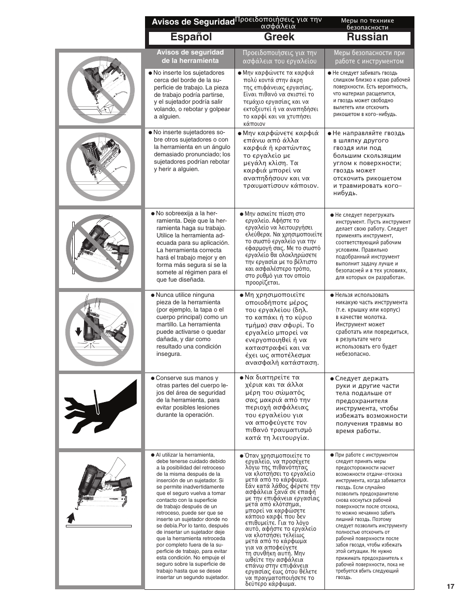 Greek russian español, Avisos de seguridad | Senco GT65RHA User Manual | Page 17 / 73