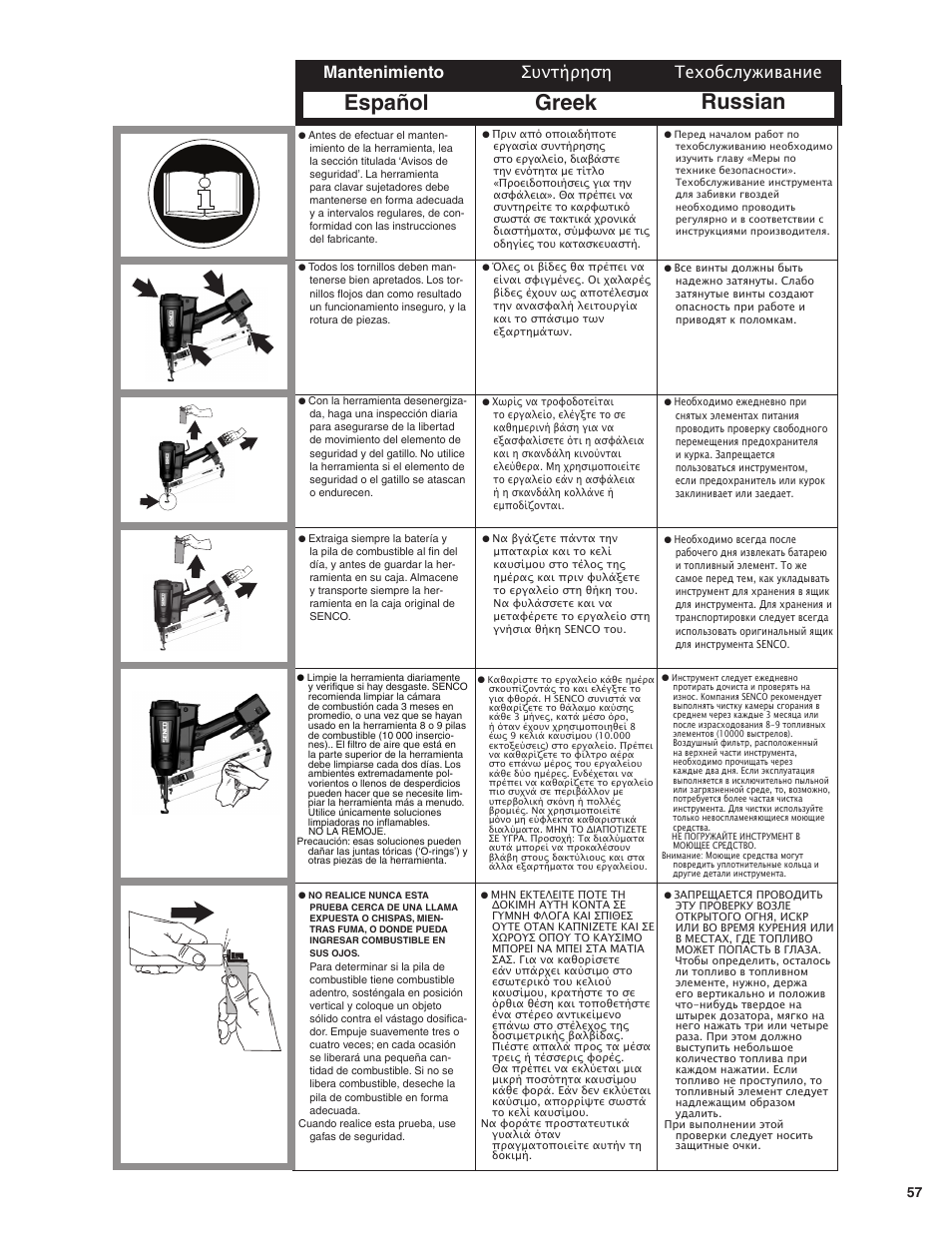 Español greek russian, Mantenimiento, Техобслуживание συντήρηση | Senco GT65RHA User Manual | Page 57 / 73