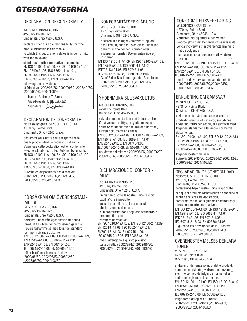 Gt65da/gt65rha, Overensstemmelses deklara - tionen, Declaracion de conformidad | Dichiarazione di confor - mita, Yhdenmukaisuusvakuutus, Erklæring om samsvar, Déclaration de conformité, Konformitätserklärung, Conformiteitsverklaring, Försäkran om överensstäm melse | Senco GT65RHA User Manual | Page 72 / 73
