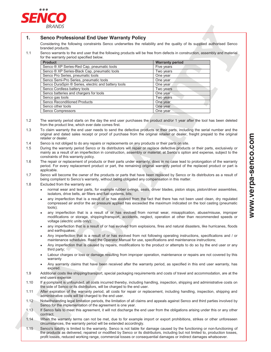 W.v er p a- se n co .c o m | Senco GT65RHA User Manual | Page 73 / 73