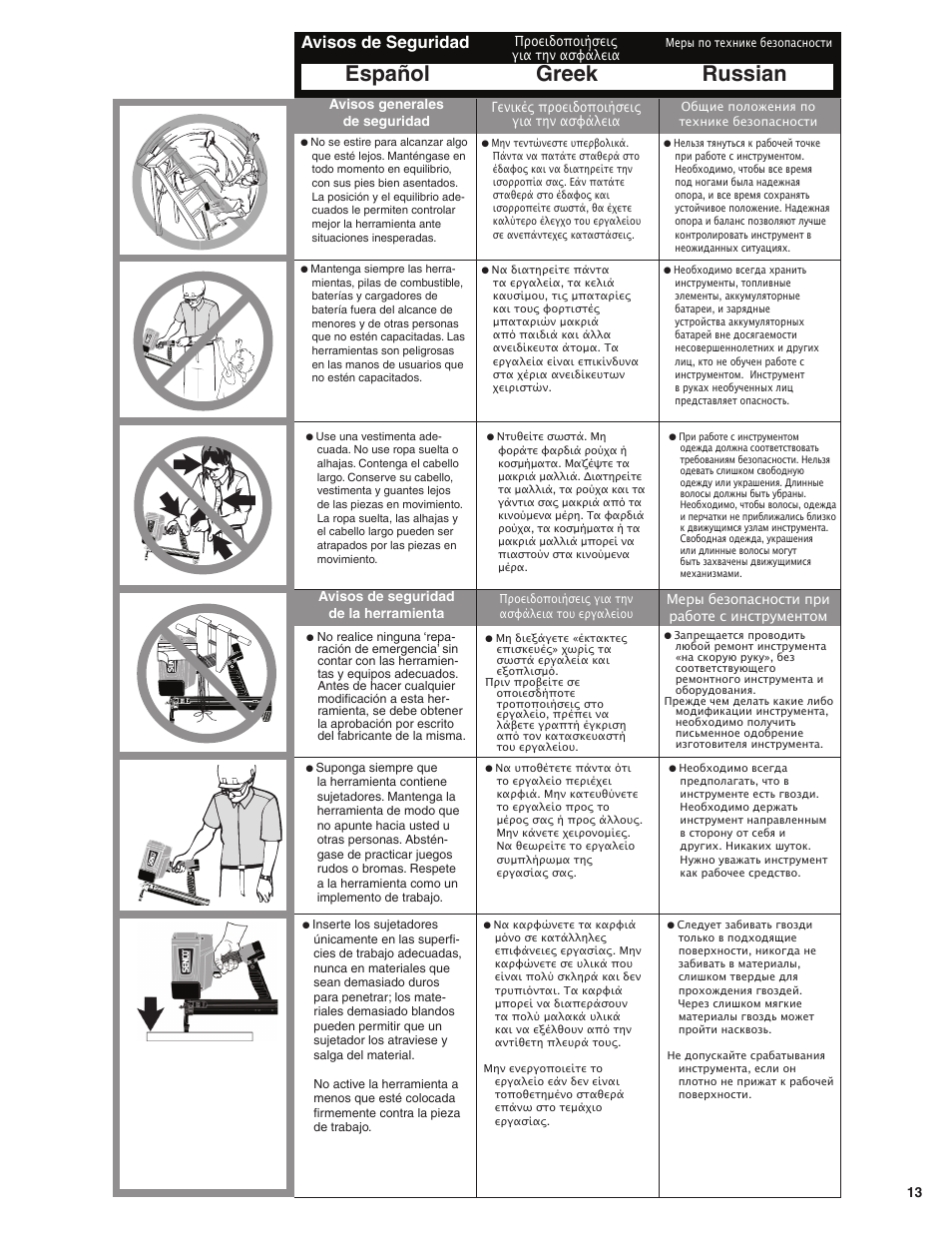 Español greek russian, Avisos de seguridad | Senco SGP40 User Manual | Page 13 / 72