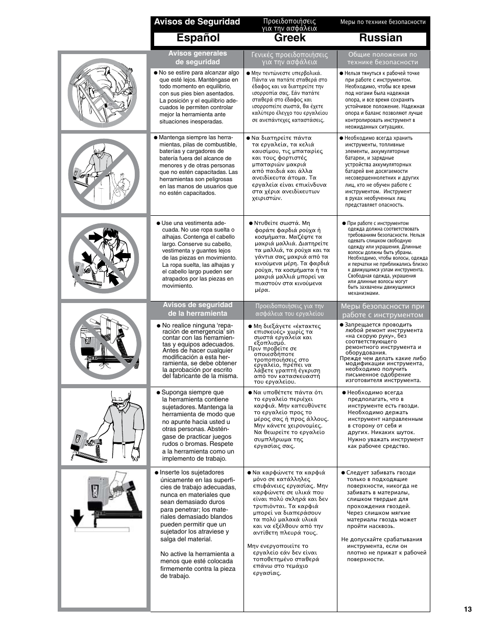 Español greek russian, Avisos de seguridad | Senco SGP40S-L User Manual | Page 13 / 72