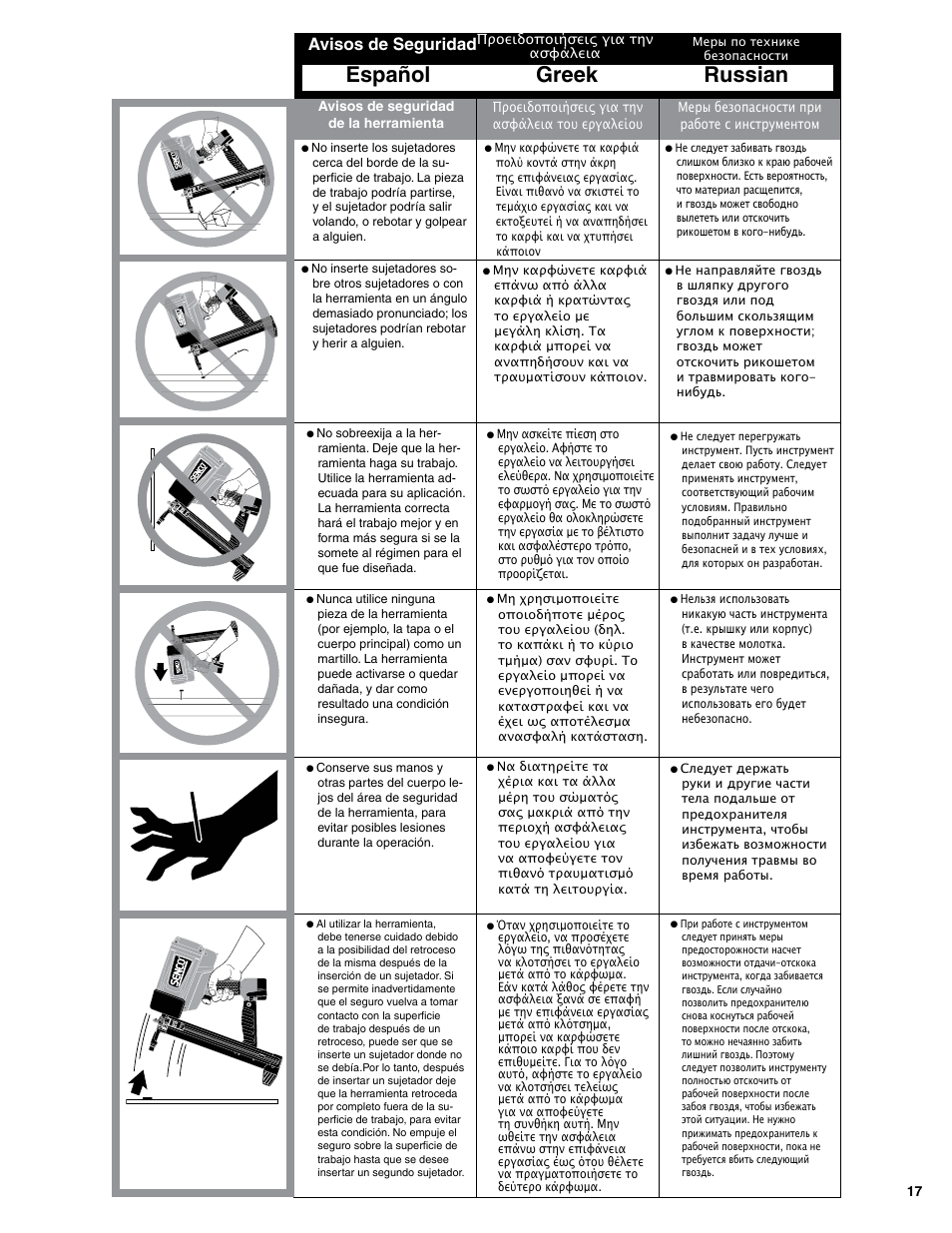 Greek russian español, Avisos de seguridad | Senco SGP40S-L User Manual | Page 17 / 72