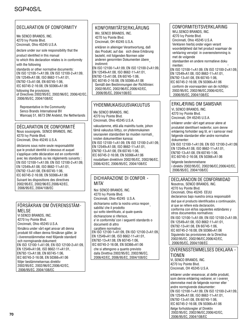 Sgp40s/l, Overensstemmelses deklara - tionen, Declaracion de conformidad | Dichiarazione di confor - mita, Yhdenmukaisuusvakuutus, Erklæring om samsvar, Déclaration de conformité, Konformitätserklärung, Conformiteitsverklaring, Försäkran om överensstäm melse | Senco SGP40S-L User Manual | Page 70 / 72