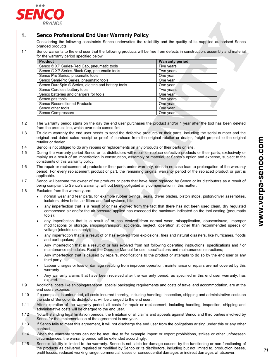 W.v er p a- se n co .c o m | Senco SGP40S-L User Manual | Page 71 / 72