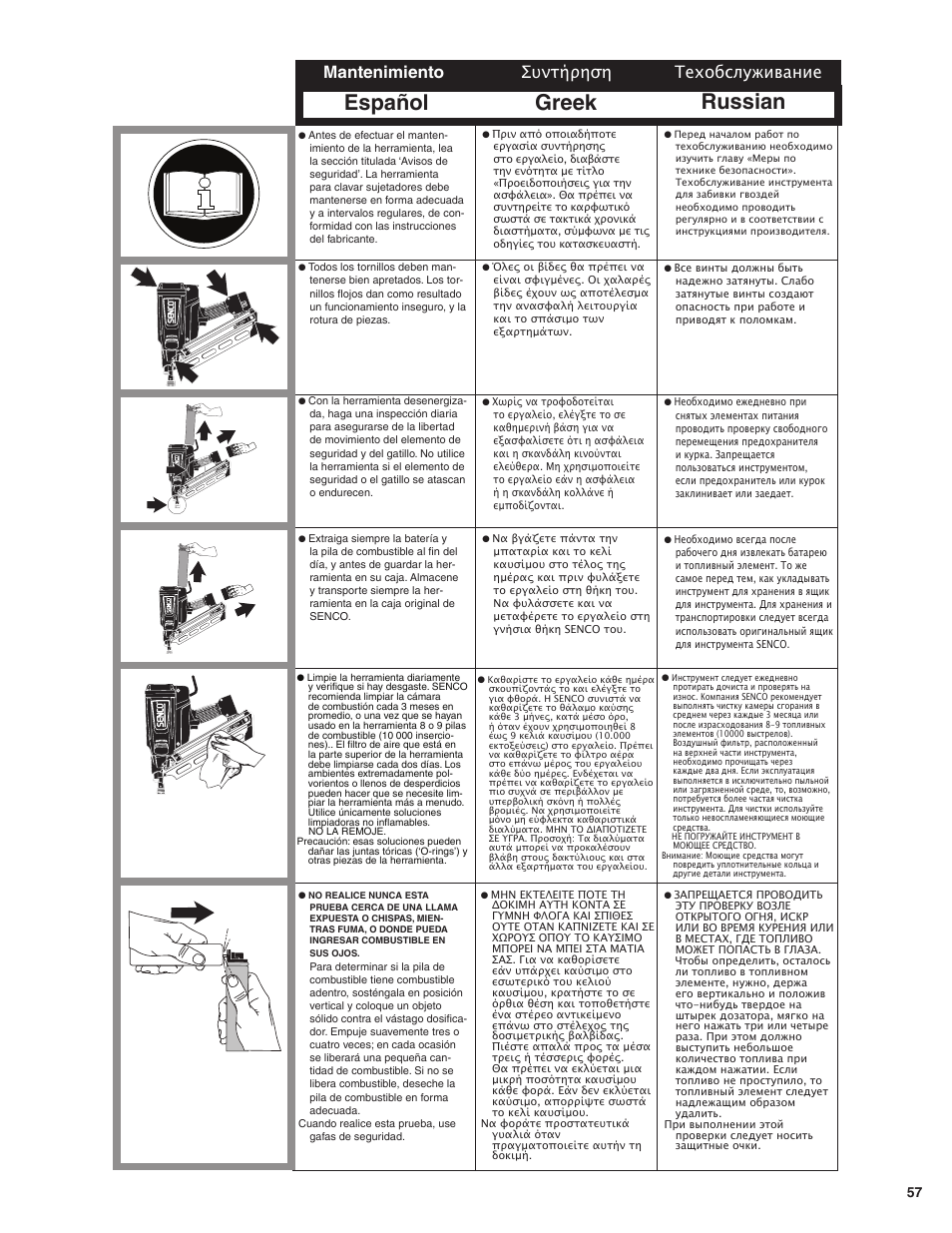 Español greek russian, Mantenimiento, Техобслуживание συντήρηση | Senco GT60NN User Manual | Page 57 / 73