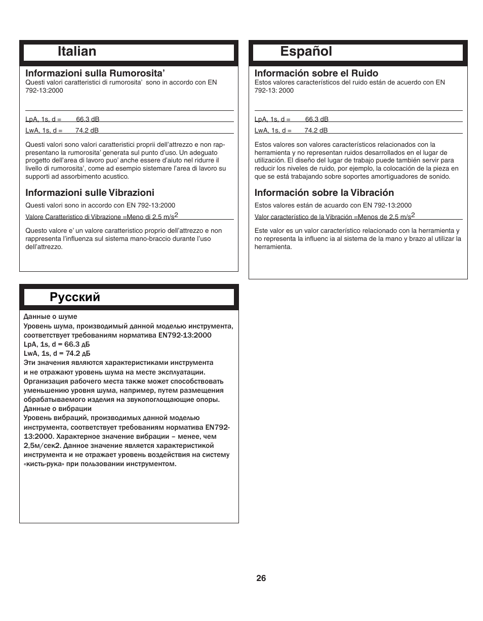 Italian, Español, Pyccкий | Senco SFW09 User Manual | Page 26 / 29