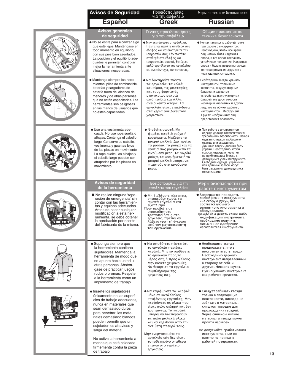 Español greek russian, Avisos de seguridad | Senco GT50AX User Manual | Page 13 / 72