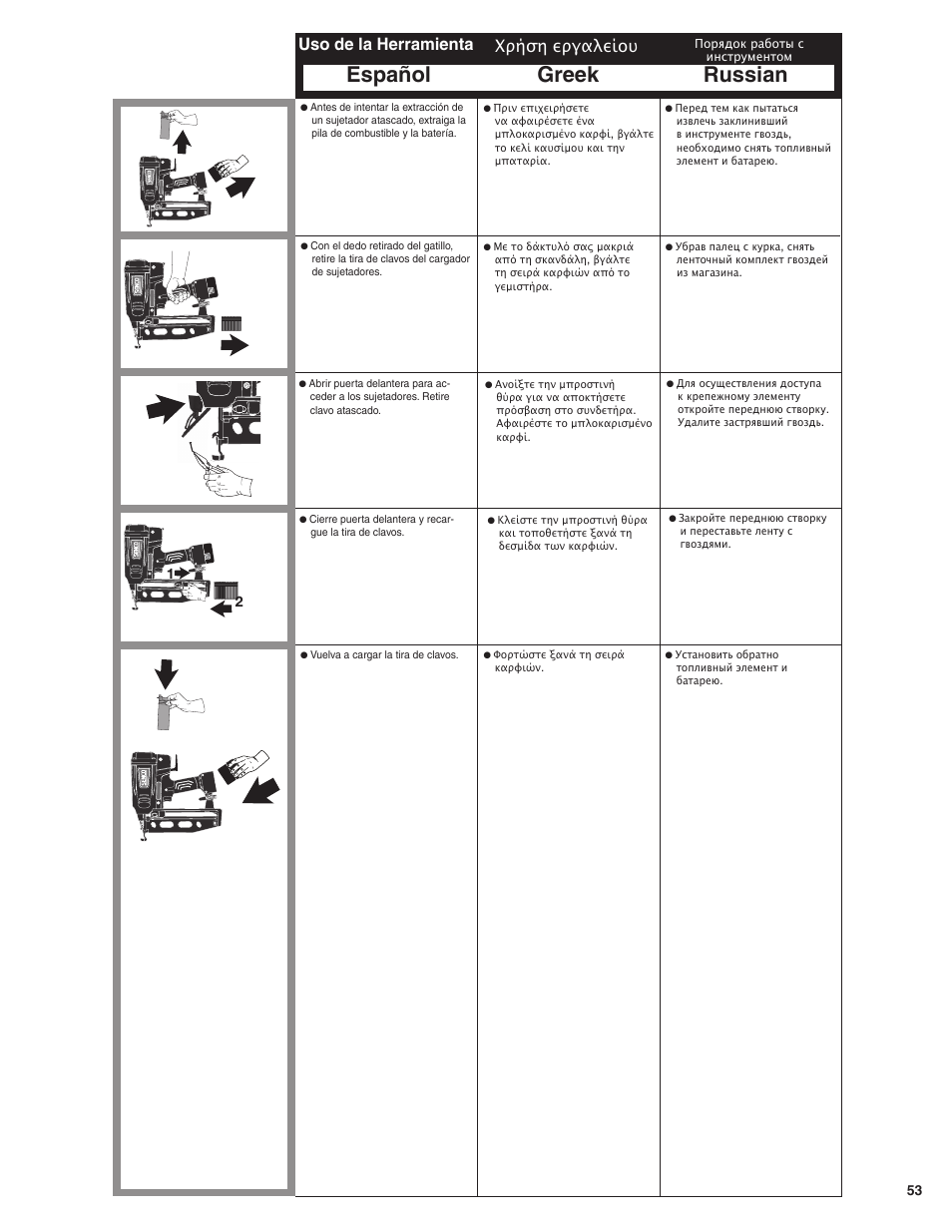 Español greek russian, Uso de la herramienta, Χρήση εργαλείου | Senco GT50AX User Manual | Page 53 / 72