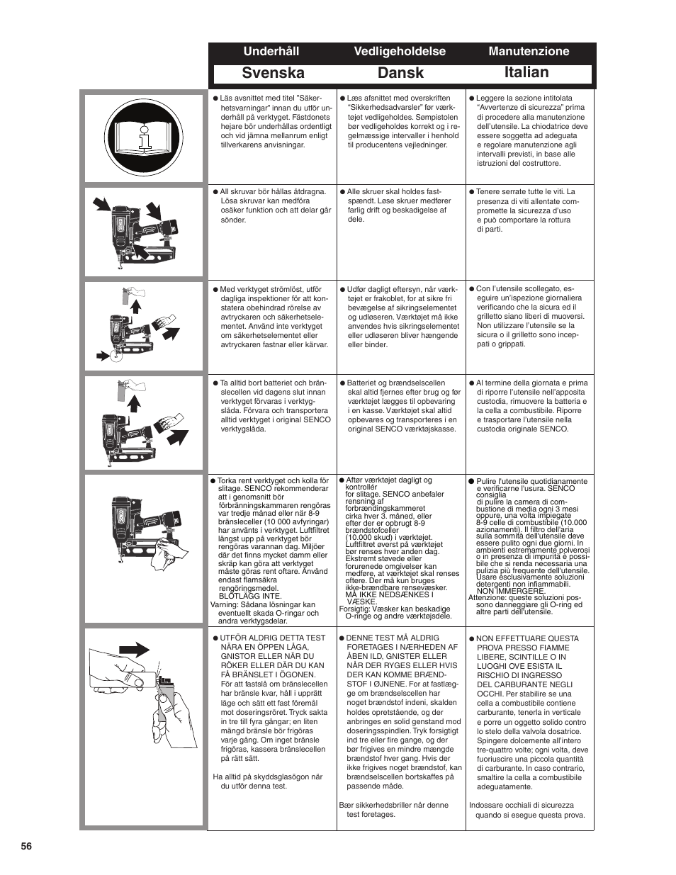 Svenska dansk italian, Underhåll manutenzione vedligeholdelse | Senco GT50AX User Manual | Page 56 / 72