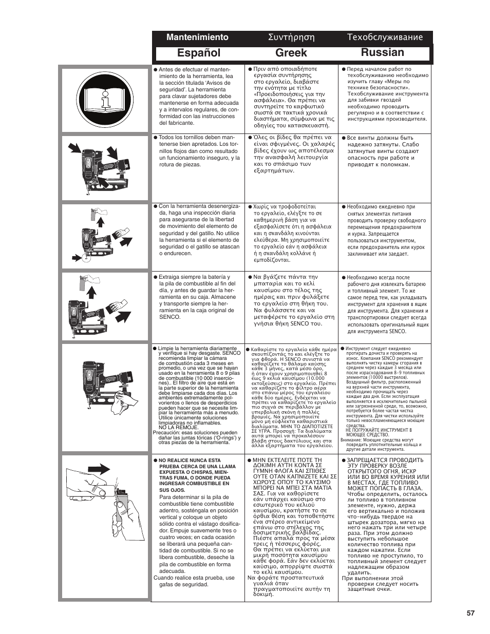Español greek russian, Mantenimiento, Техобслуживание συντήρηση | Senco GT50AX User Manual | Page 57 / 72