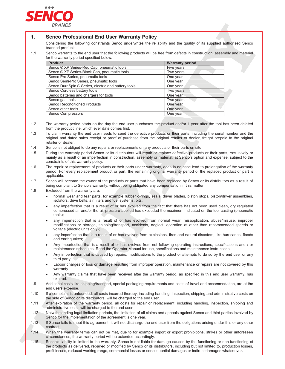 Senco professional end user warranty policy | Senco GT50AX User Manual | Page 72 / 72