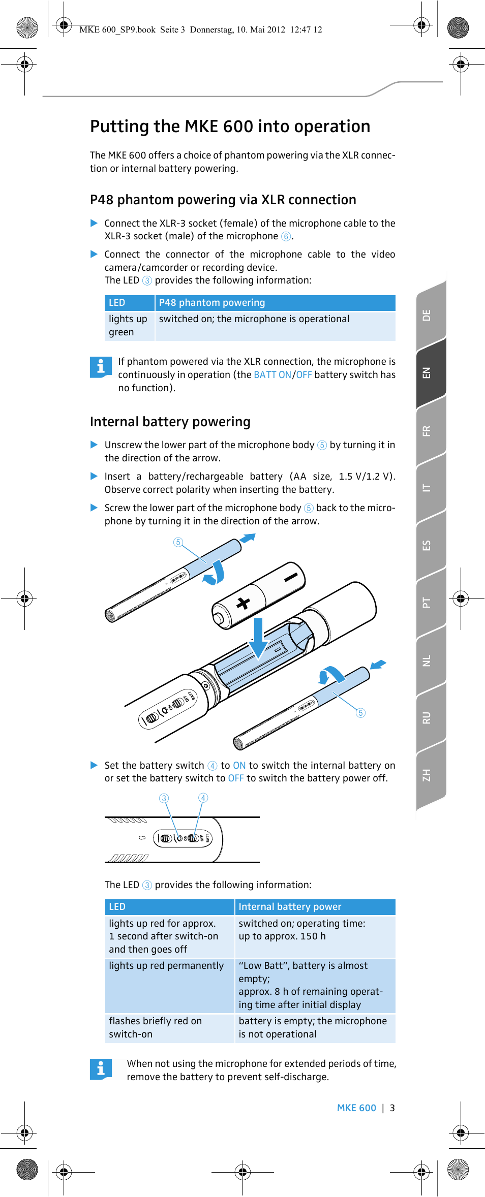 Putting the mke 600 into operation, P48 phantom powering via xlr connection, Internal battery powering | Sennheiser MKE 600 User Manual | Page 11 / 60