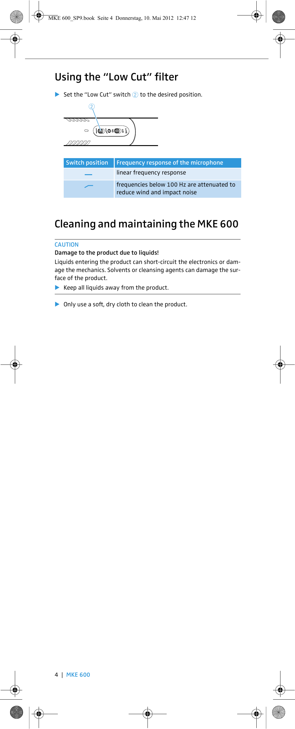 Using the “low cut” filter, Cleaning and maintaining the mke 600 | Sennheiser MKE 600 User Manual | Page 12 / 60