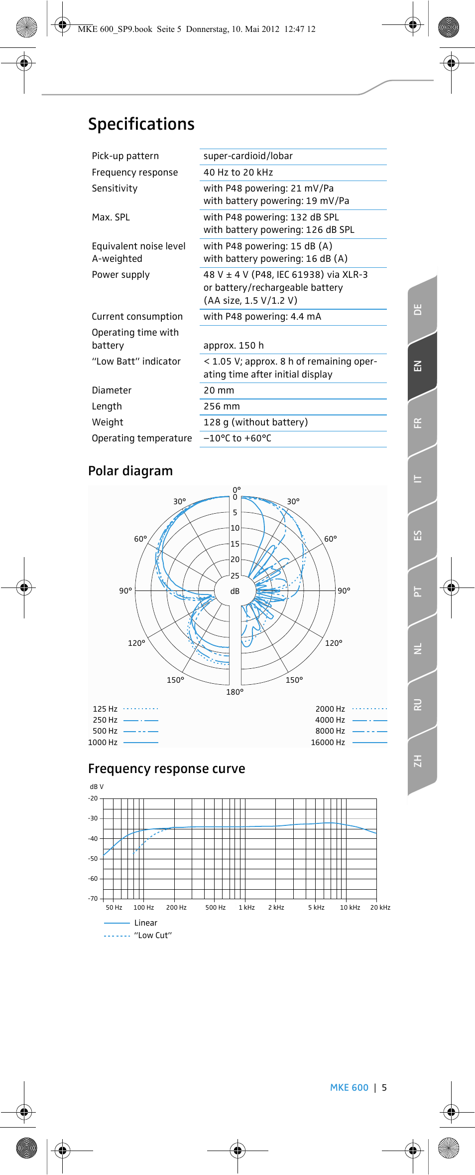 Specifications, Polar diagram frequency response curve | Sennheiser MKE 600 User Manual | Page 13 / 60