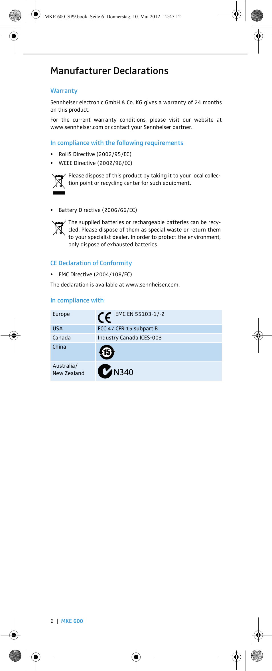 Manufacturer declarations | Sennheiser MKE 600 User Manual | Page 14 / 60