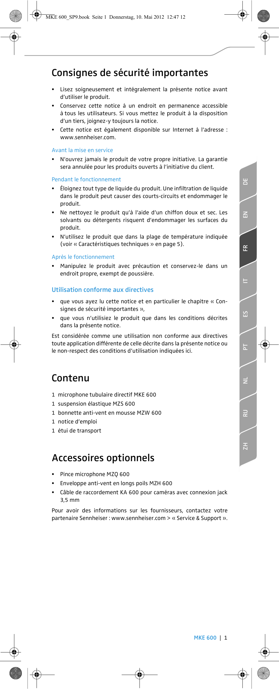 Consignes de sécurité importantes, Contenu, Accessoires optionnels | Sennheiser MKE 600 User Manual | Page 15 / 60