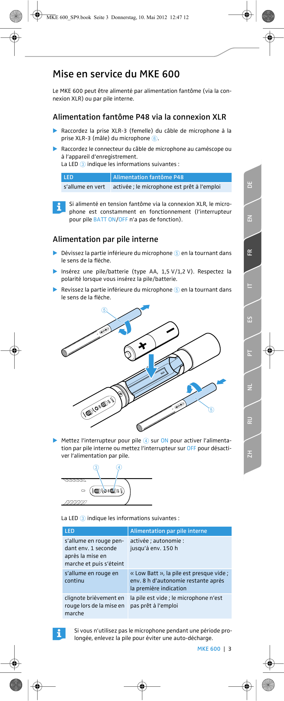 Mise en service du mke 600, Alimentation fantôme p48 via la connexion xlr, Alimentation par pile interne | Sennheiser MKE 600 User Manual | Page 17 / 60