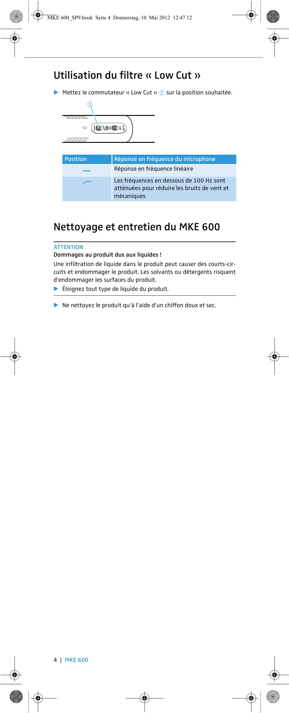 Utilisation du filtre « low cut, Nettoyage et entretien du mke 600 | Sennheiser MKE 600 User Manual | Page 18 / 60