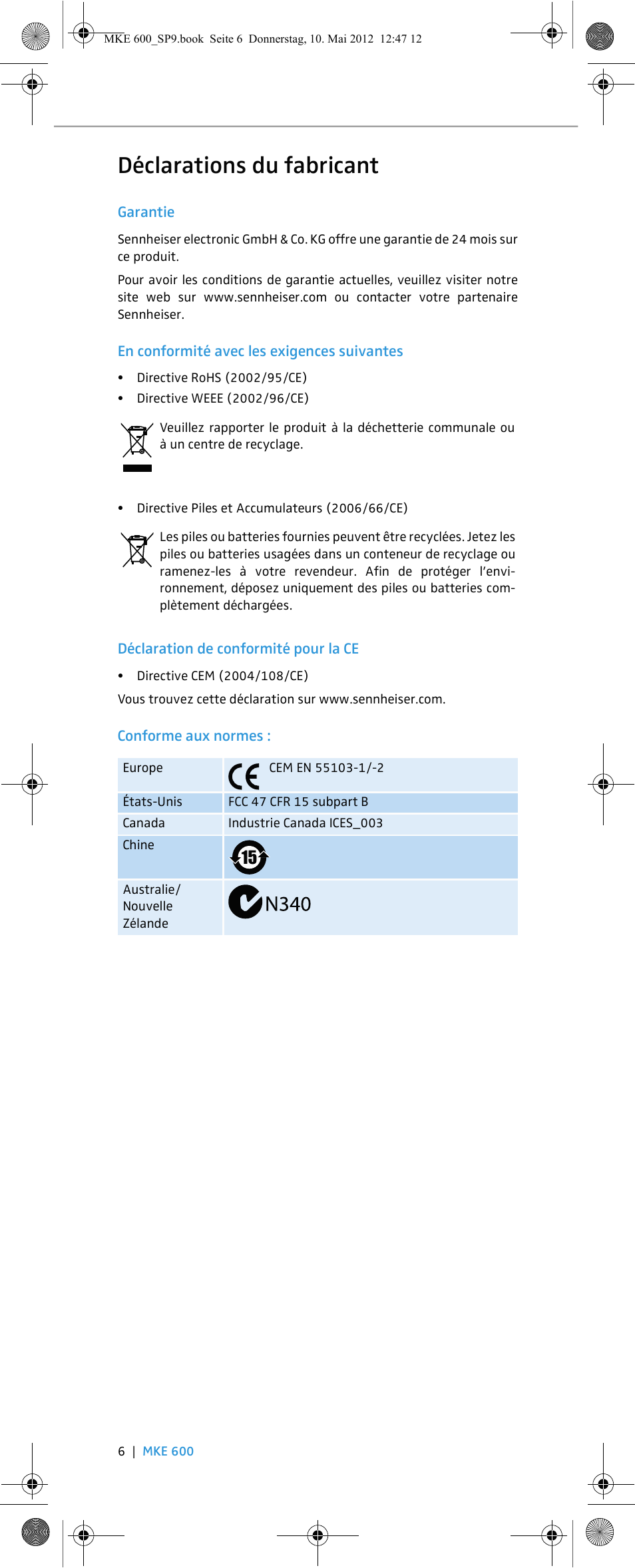 Déclarations du fabricant | Sennheiser MKE 600 User Manual | Page 20 / 60