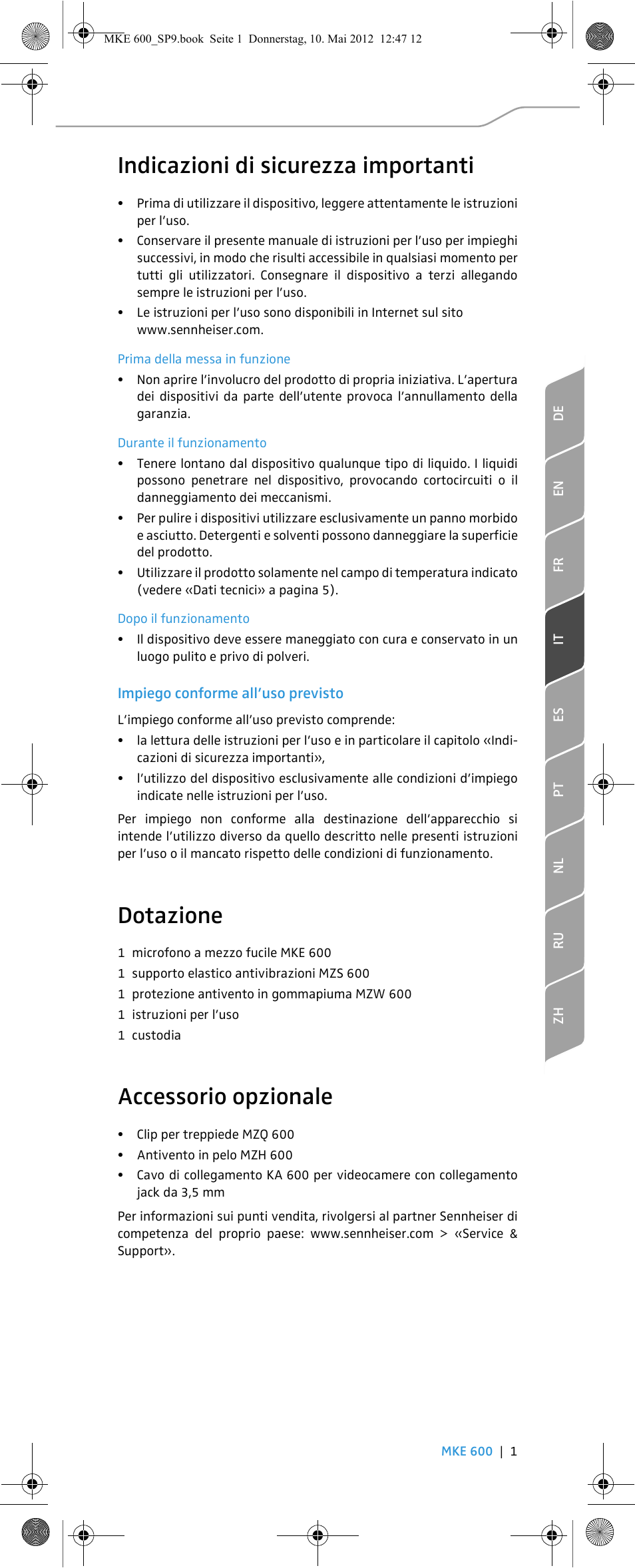 Indicazioni di sicurezza importanti, Dotazione, Accessorio opzionale | Sennheiser MKE 600 User Manual | Page 21 / 60