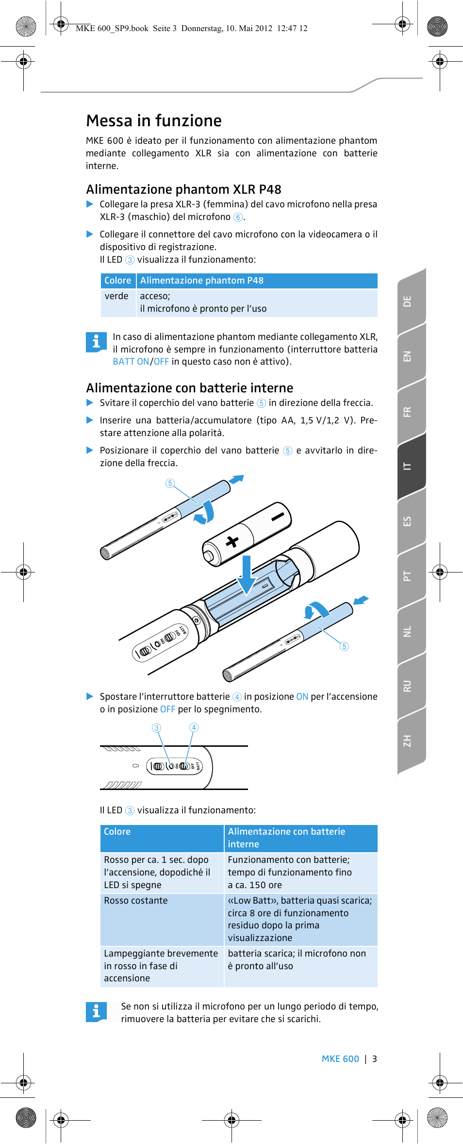 Messa in funzione, Alimentazione phantom xlr p48, Alimentazione con batterie interne | Sennheiser MKE 600 User Manual | Page 23 / 60