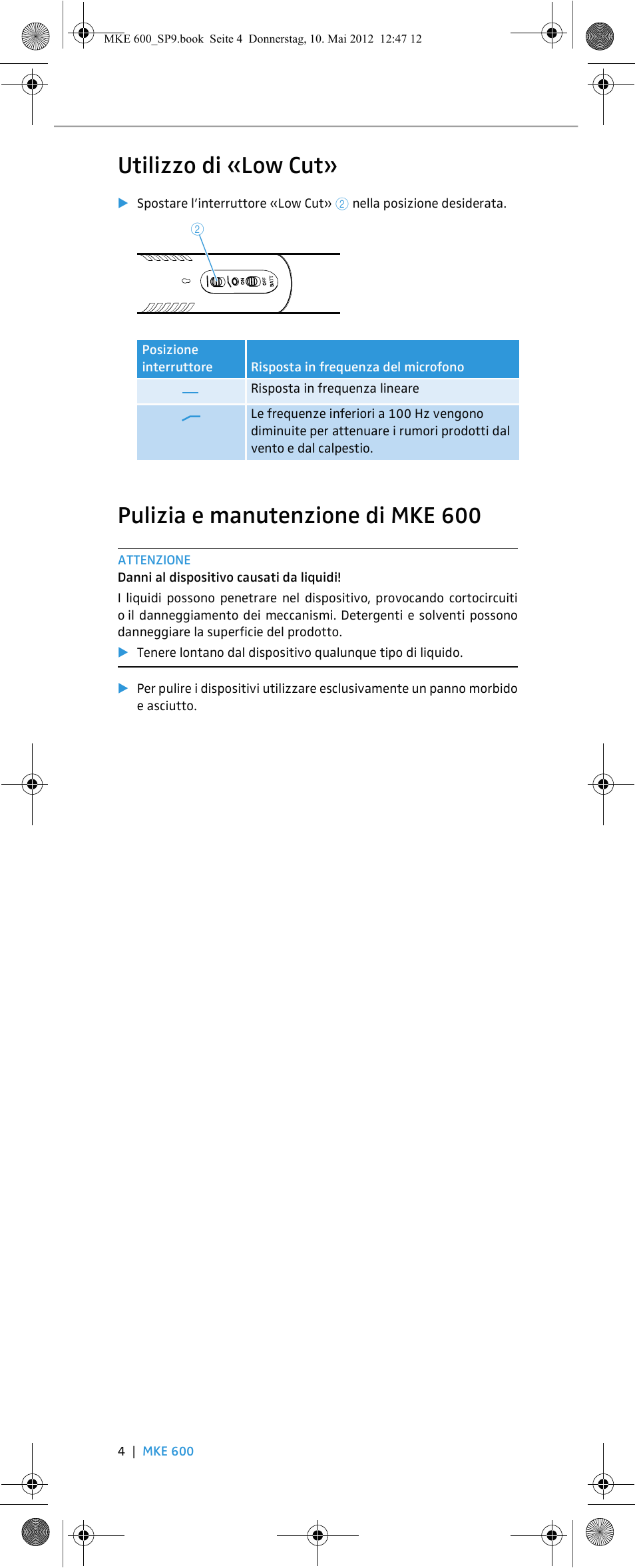 Utilizzo di «low cut, Pulizia e manutenzione di mke 600 | Sennheiser MKE 600 User Manual | Page 24 / 60