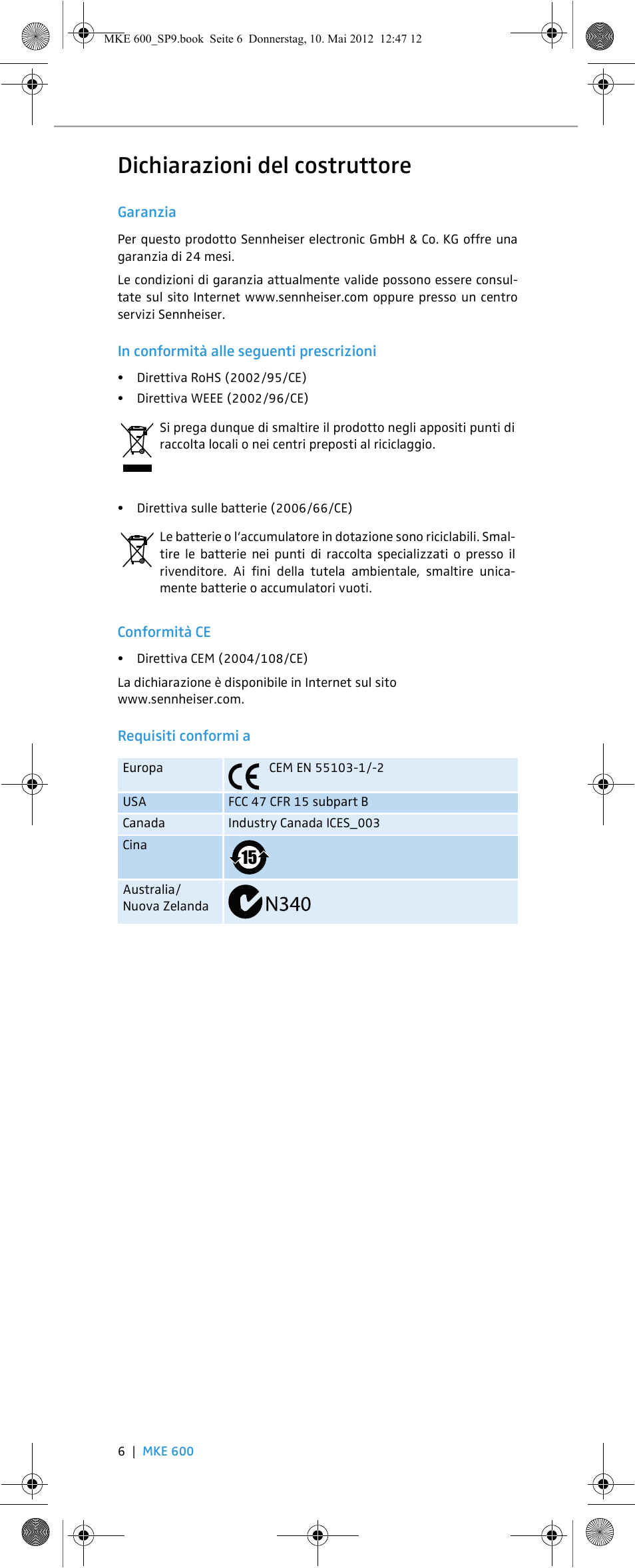 Dichiarazioni del costruttore | Sennheiser MKE 600 User Manual | Page 26 / 60