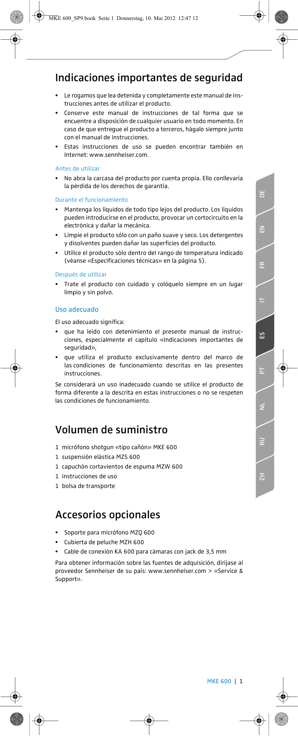 Indicaciones importantes de seguridad, Volumen de suministro, Accesorios opcionales | Sennheiser MKE 600 User Manual | Page 27 / 60