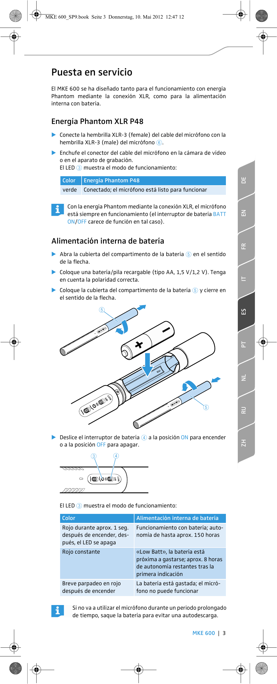 Puesta en servicio, Energía phantom xlr p48, Alimentación interna de batería | Sennheiser MKE 600 User Manual | Page 29 / 60