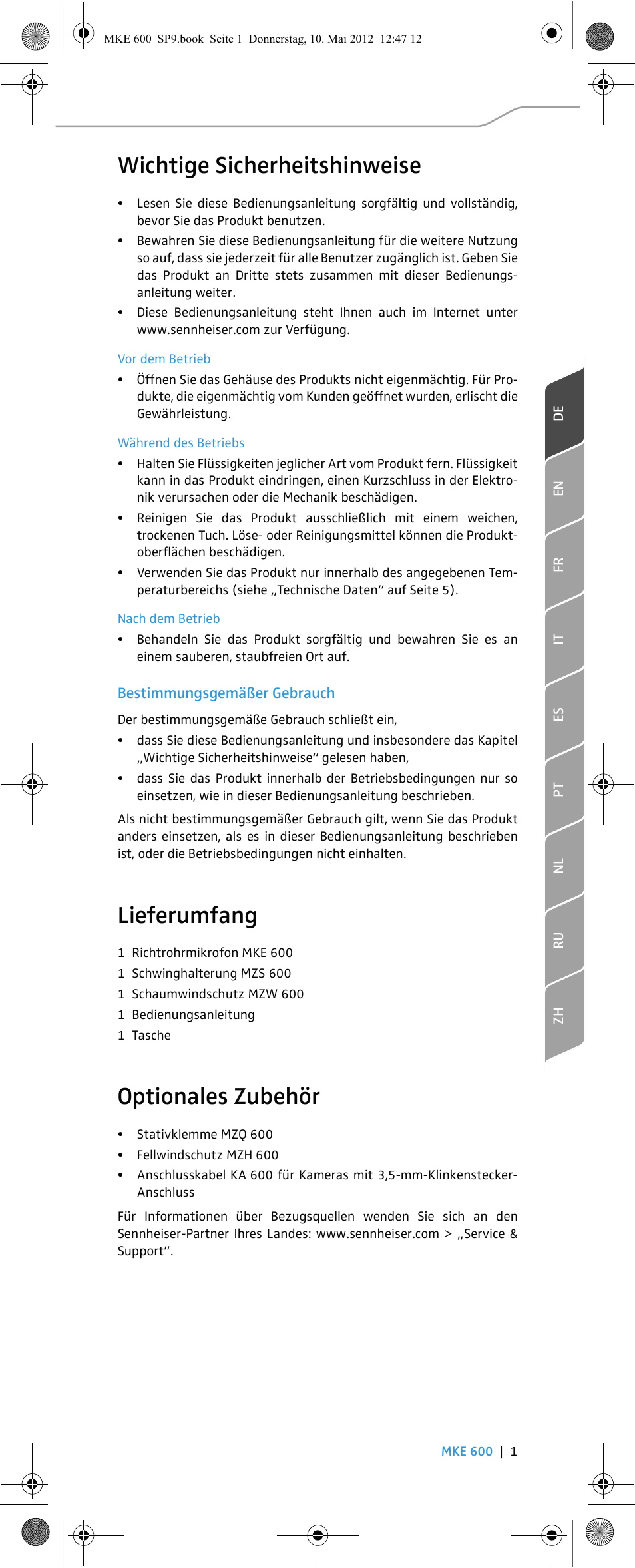 Wichtige sicherheitshinweise, Lieferumfang, Optionales zubehör | Sennheiser MKE 600 User Manual | Page 3 / 60