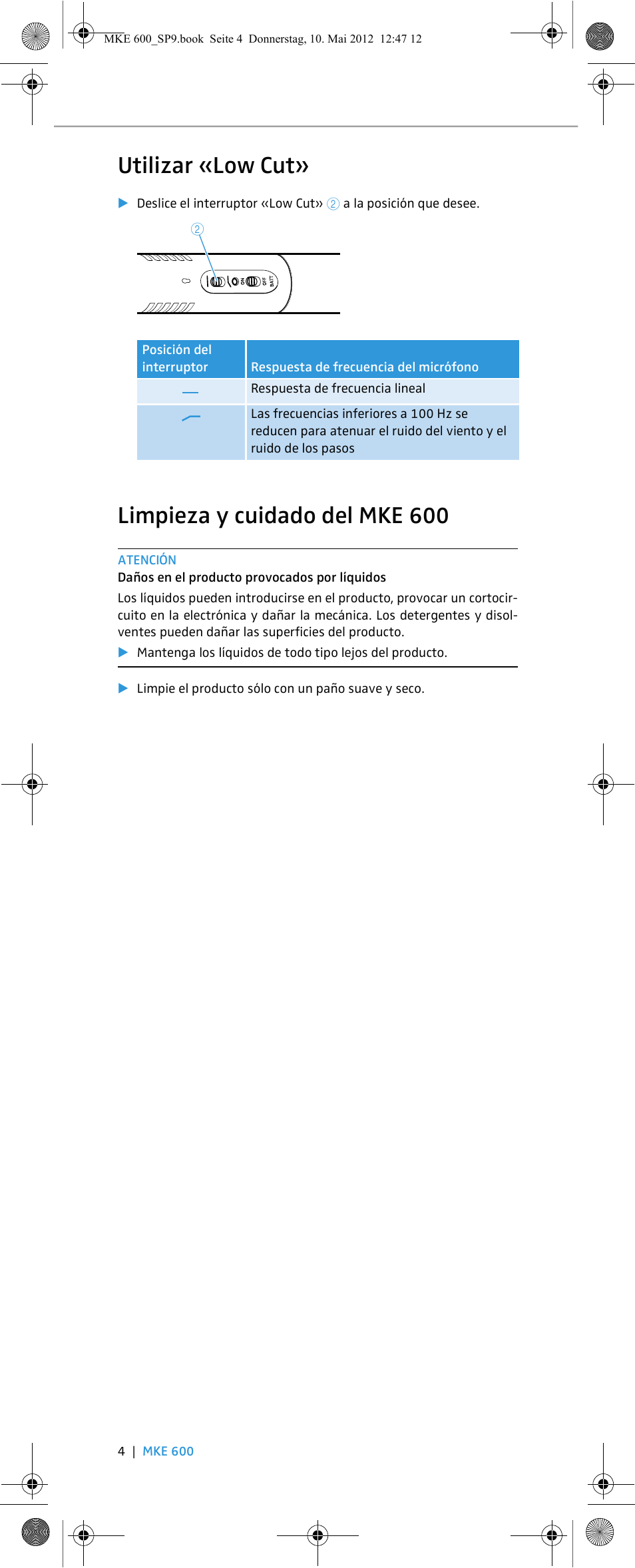 Utilizar «low cut, Limpieza y cuidado del mke 600 | Sennheiser MKE 600 User Manual | Page 30 / 60