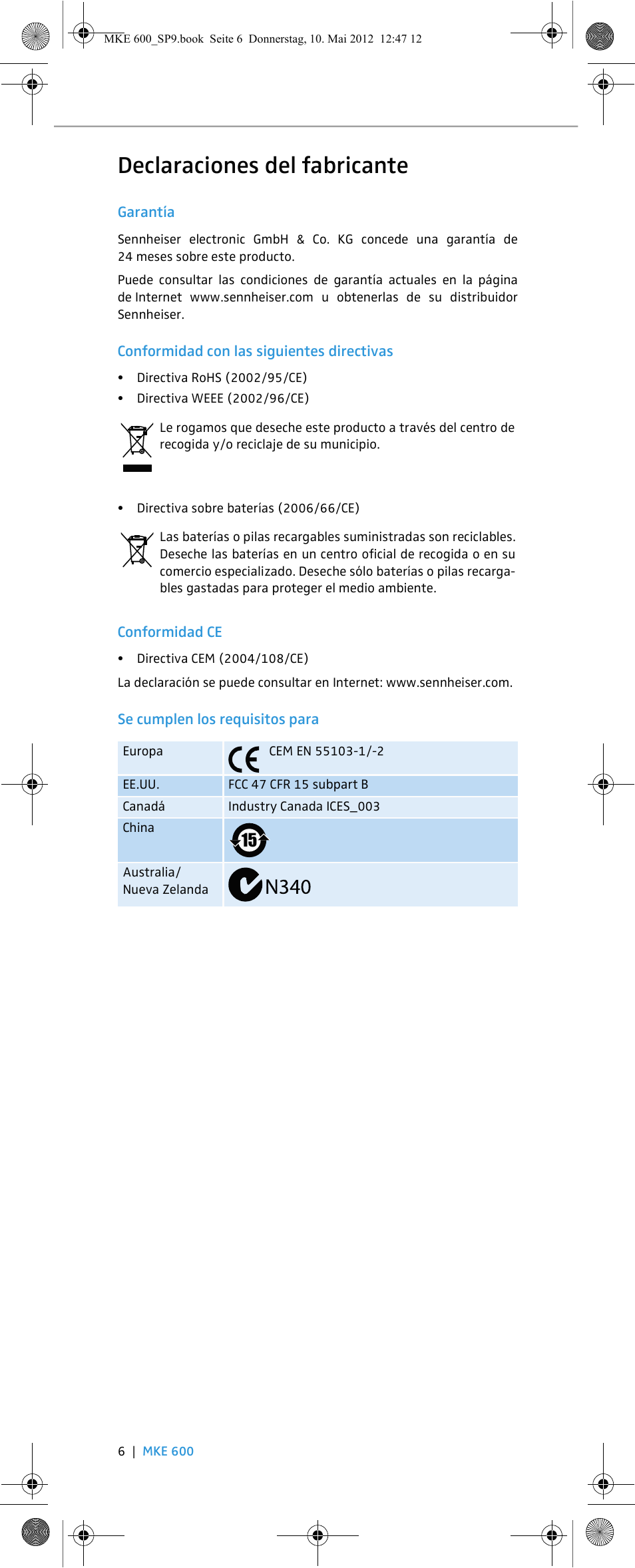 Declaraciones del fabricante | Sennheiser MKE 600 User Manual | Page 32 / 60