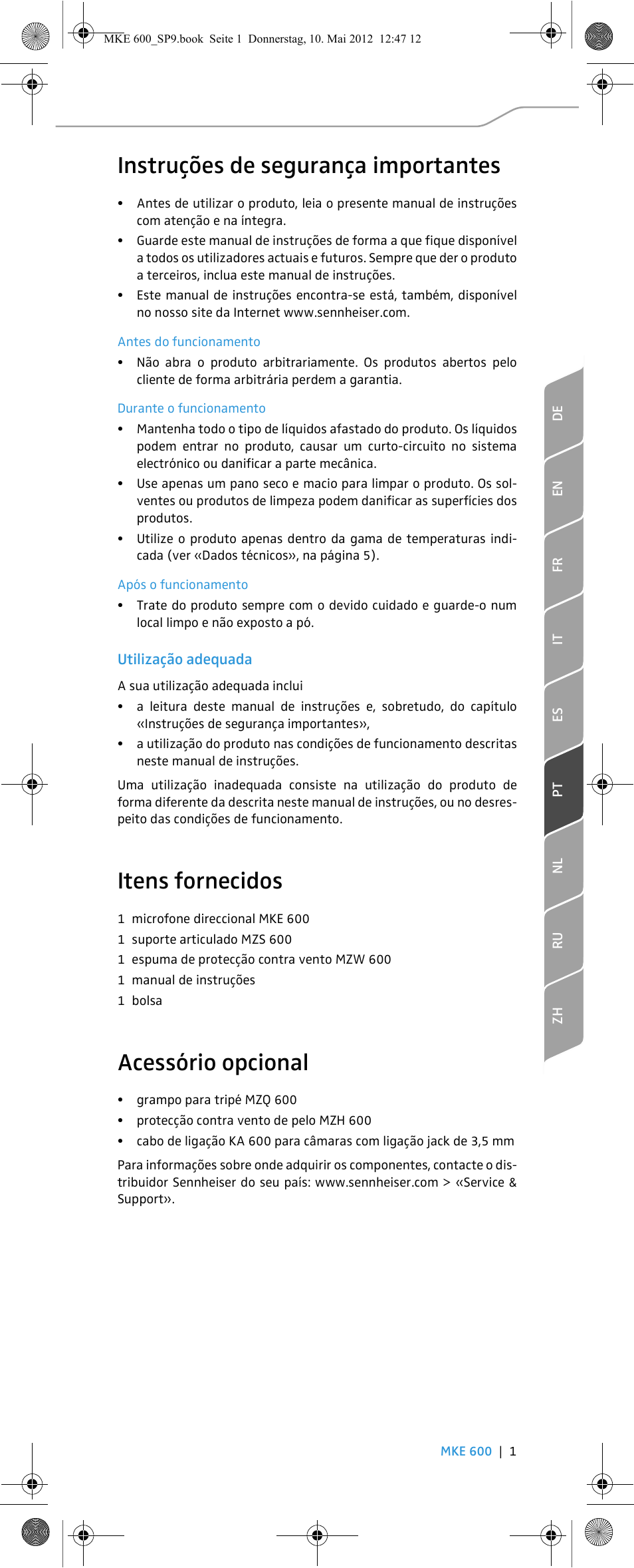 Instruções de segurança importantes, Itens fornecidos, Acessório opcional | Sennheiser MKE 600 User Manual | Page 33 / 60