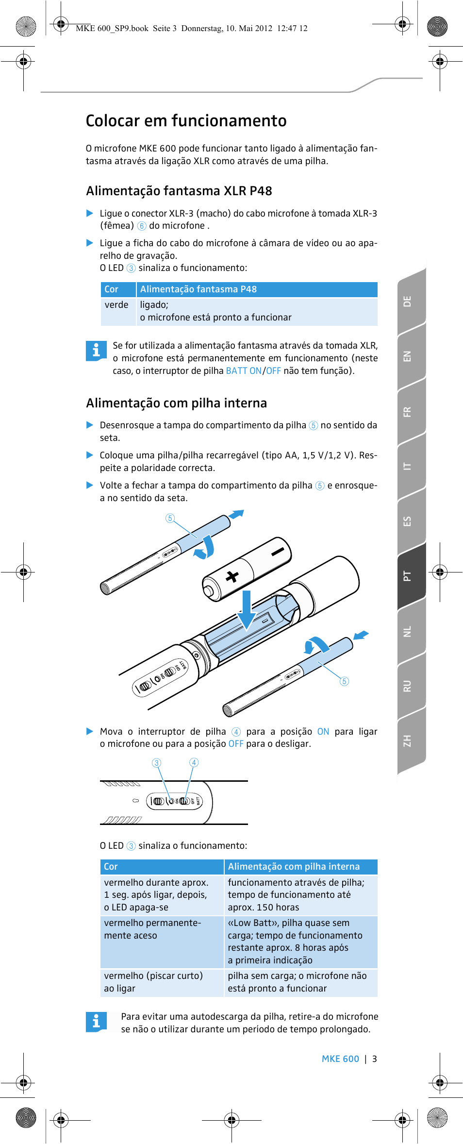 Colocar em funcionamento, Alimentação fantasma xlr p48, Alimentação com pilha interna | Sennheiser MKE 600 User Manual | Page 35 / 60