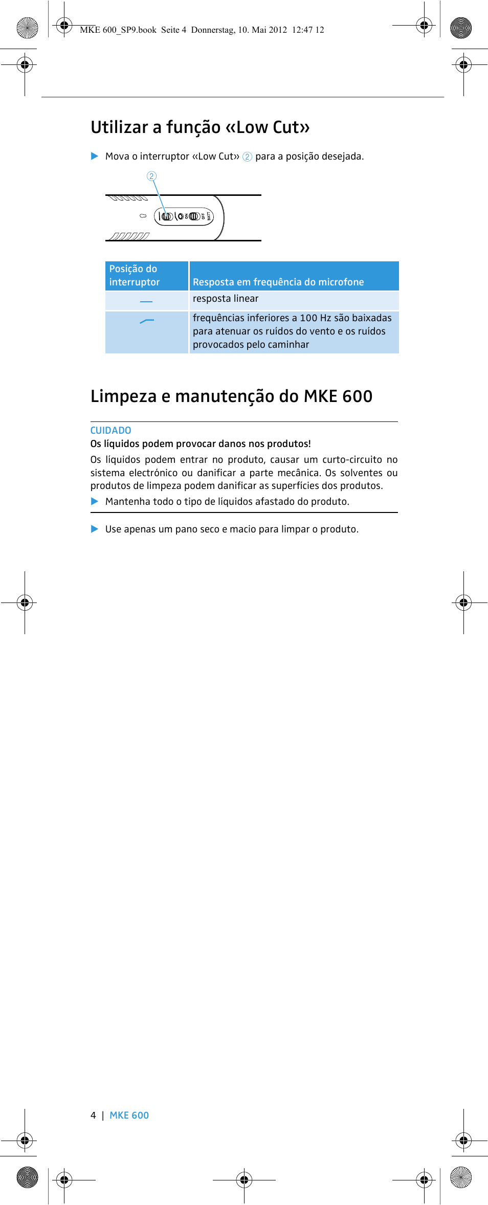 Utilizar a função «low cut, Limpeza e manutenção do mke 600 | Sennheiser MKE 600 User Manual | Page 36 / 60